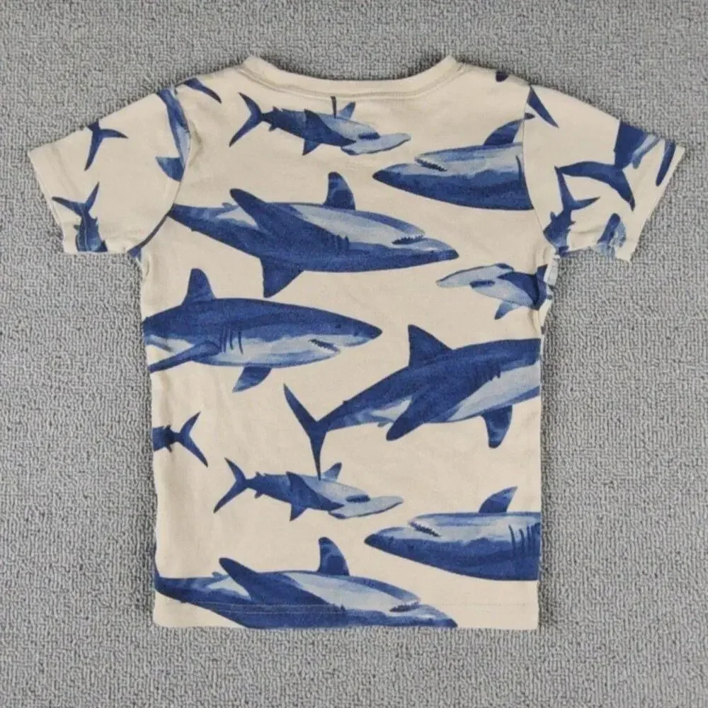 Carter's Shirt Youth 6 Beige Blue Shark Allover Graphic Tee Short Sleeve Cotton